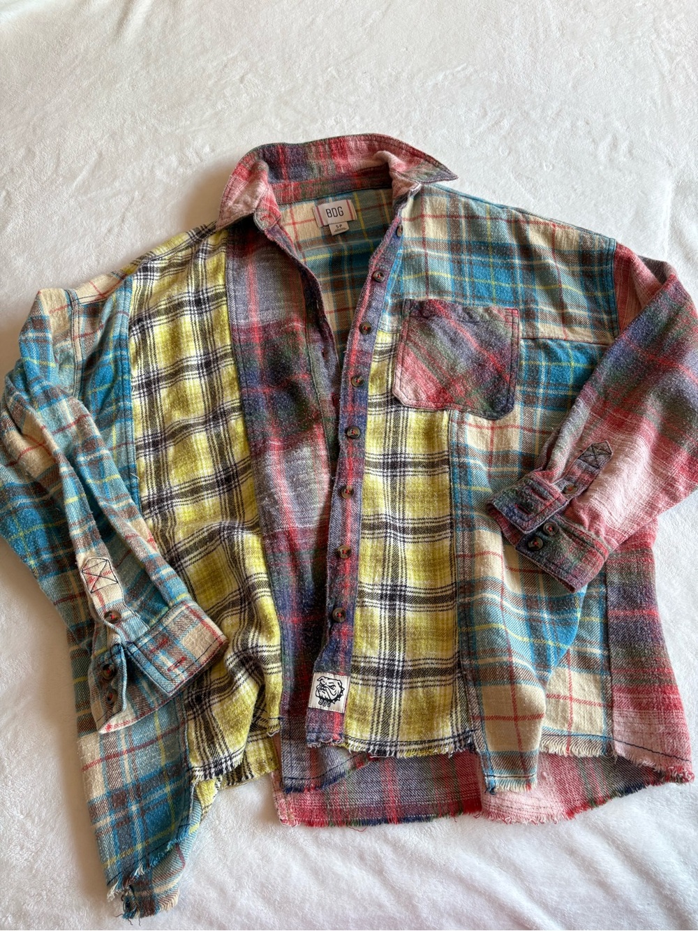 BDG Patchwork Plaid Flannel Shirt in Red, colorful, oversized